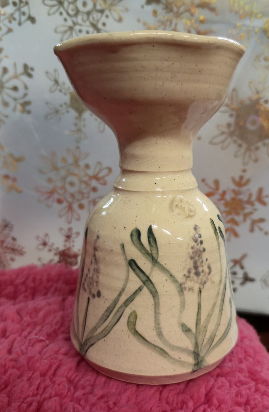 Signed Studio Pottery Bulb Vase 5” Hand Thrown Cream Crackle Floral